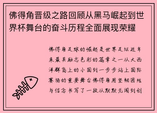 佛得角晋级之路回顾从黑马崛起到世界杯舞台的奋斗历程全面展现荣耀